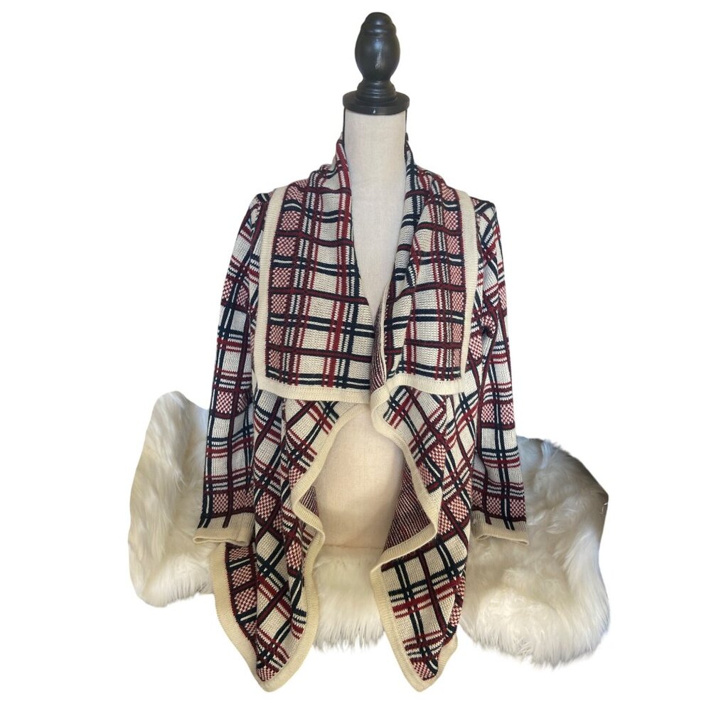 Moon Plaid Cardigan Womens Small Sweater Red Black Large Collar Open-Front Cozy